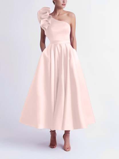 One-Shoulder A-Line Princess Prom Dress in Tea-Length