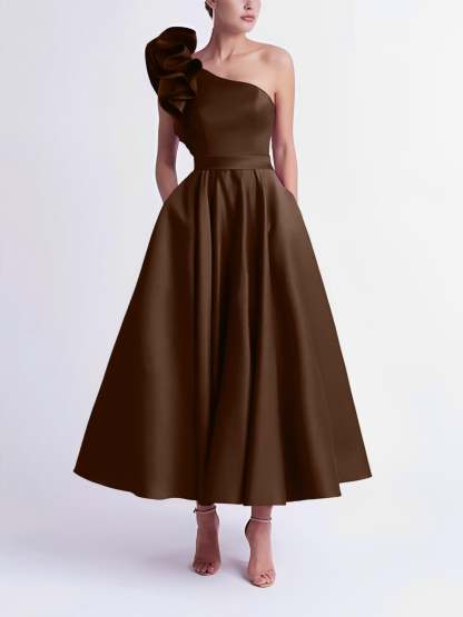 One-Shoulder A-Line Princess Prom Dress in Tea-Length