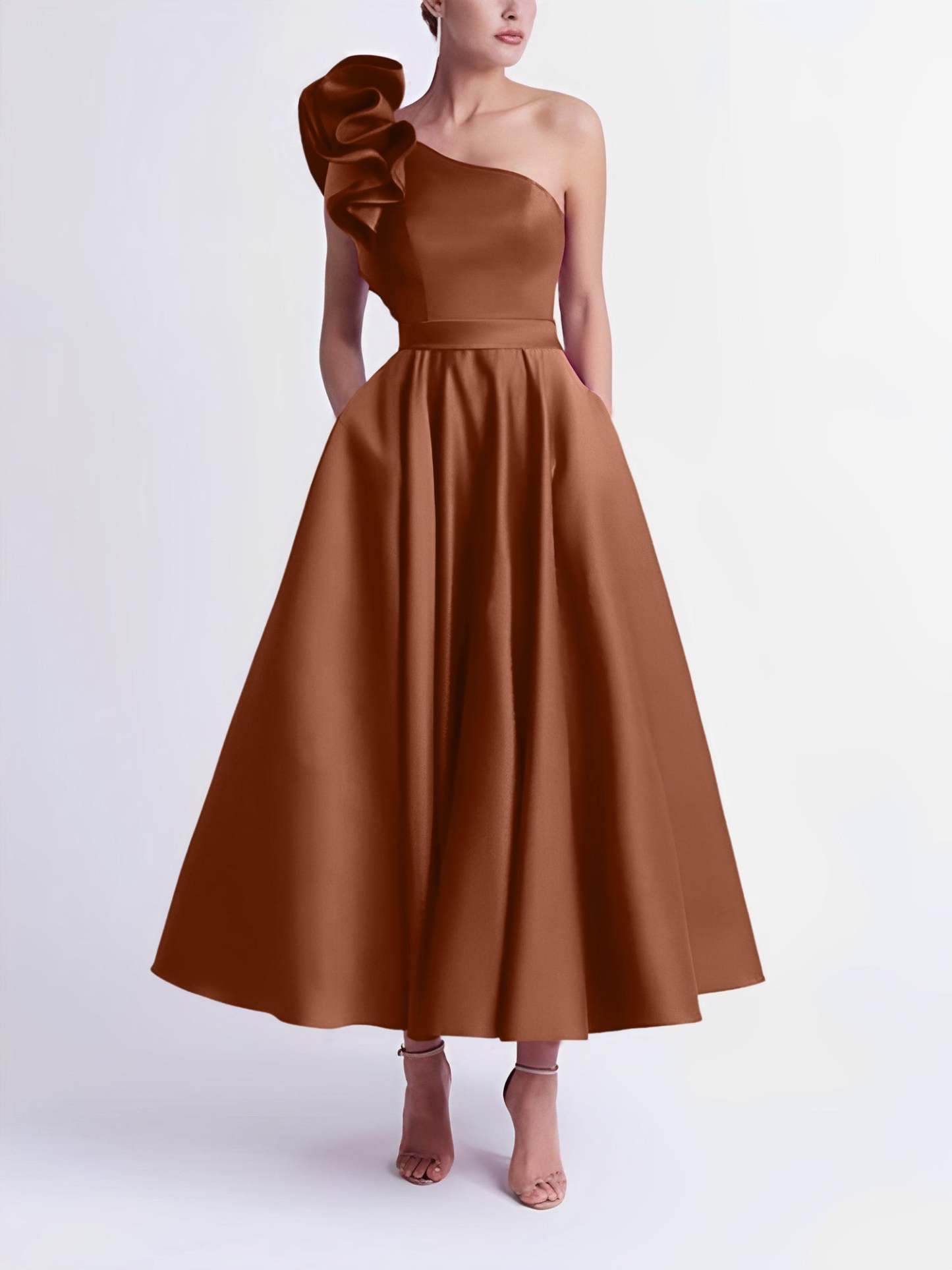 One-Shoulder A-Line Princess Prom Dress in Tea-Length
