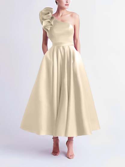 One-Shoulder A-Line Princess Prom Dress in Tea-Length