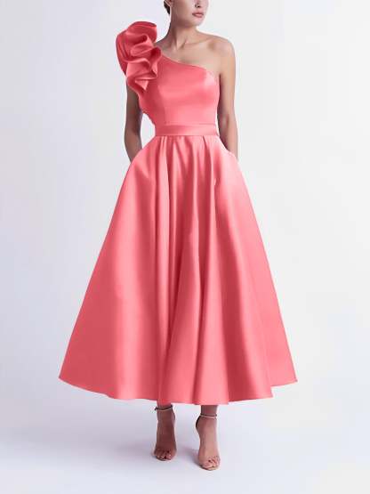 One-Shoulder A-Line Princess Prom Dress in Tea-Length