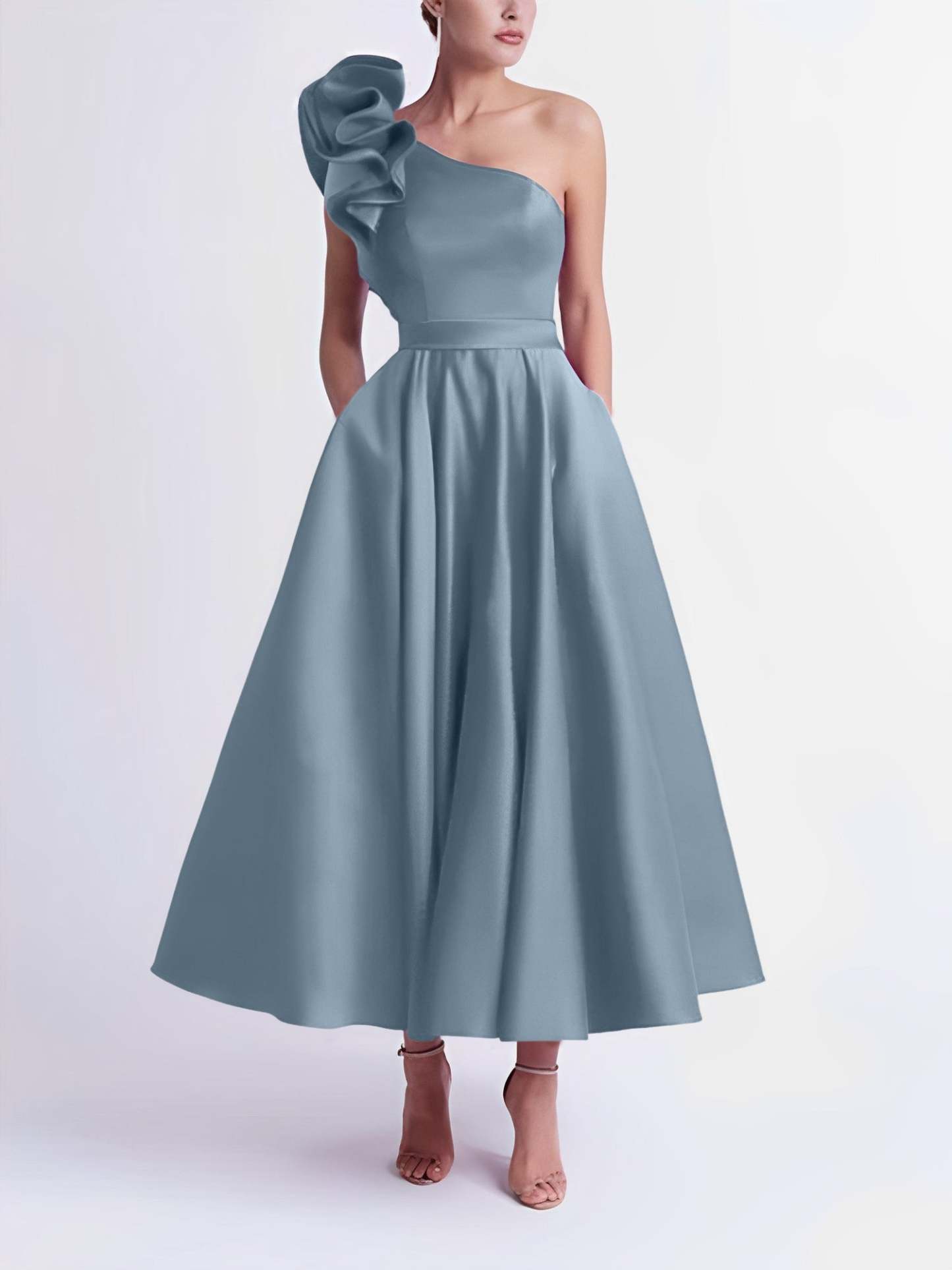 One-Shoulder A-Line Princess Prom Dress in Tea-Length