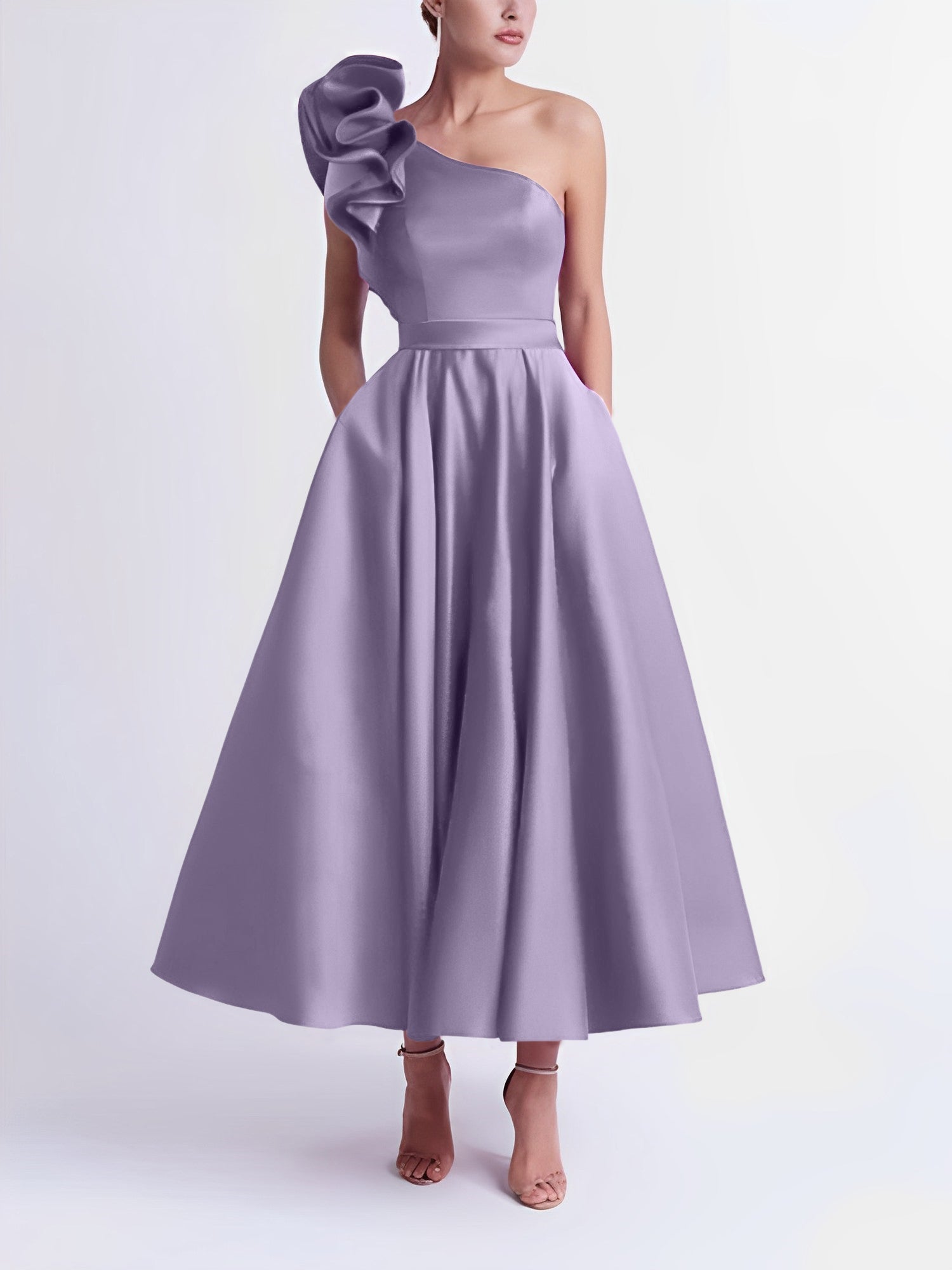 One-Shoulder A-Line Princess Prom Dress in Tea-Length