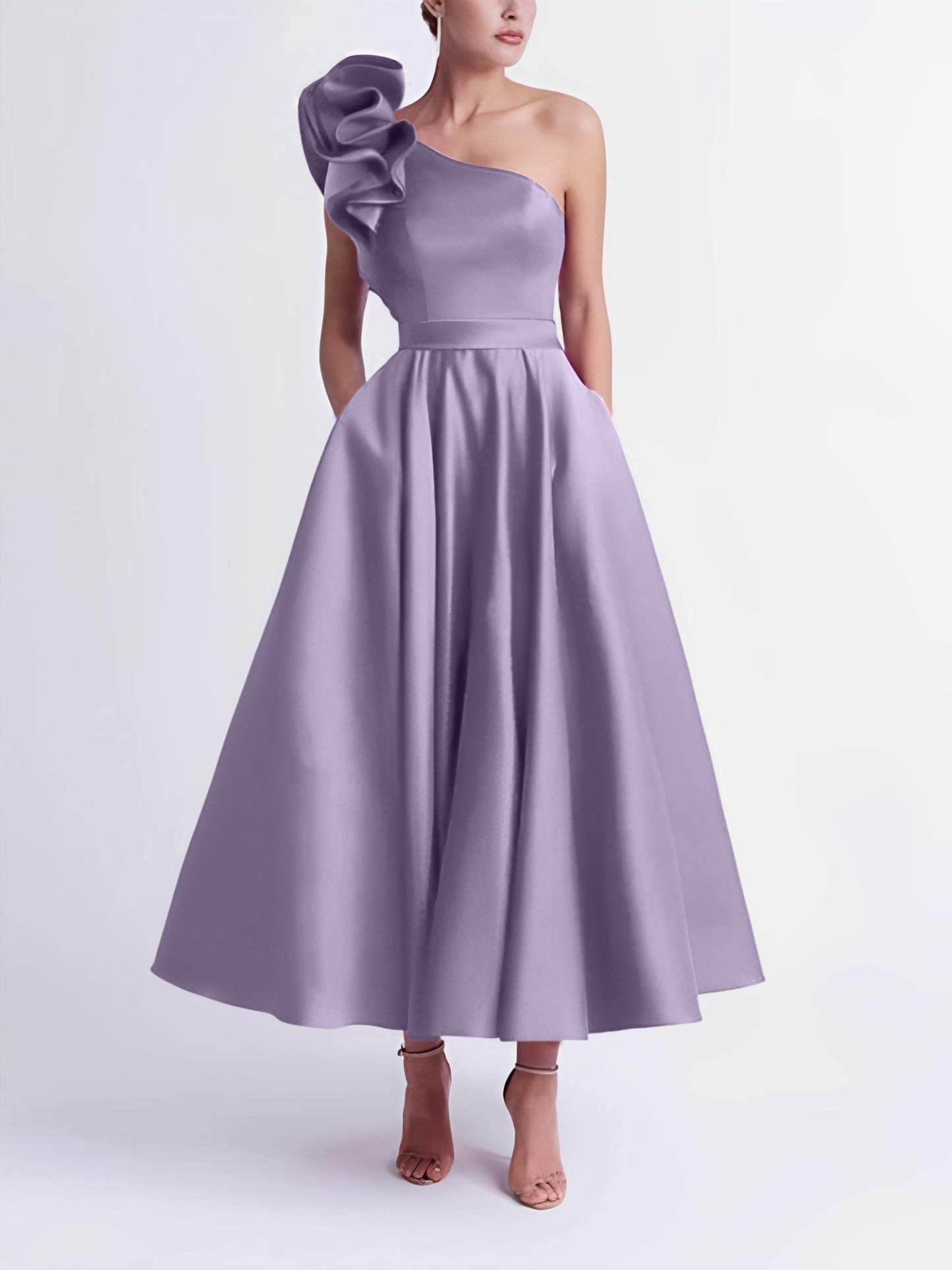 One-Shoulder A-Line Princess Prom Dress in Tea-Length