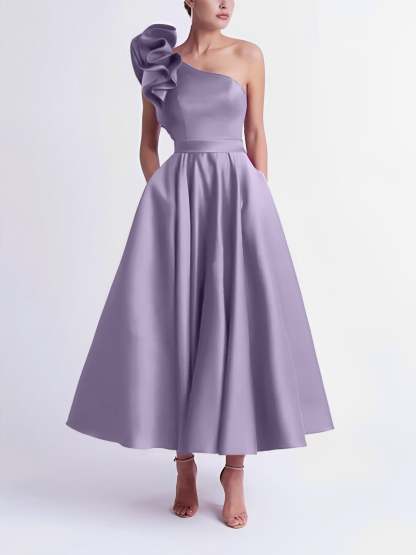 One-Shoulder A-Line Princess Prom Dress in Tea-Length