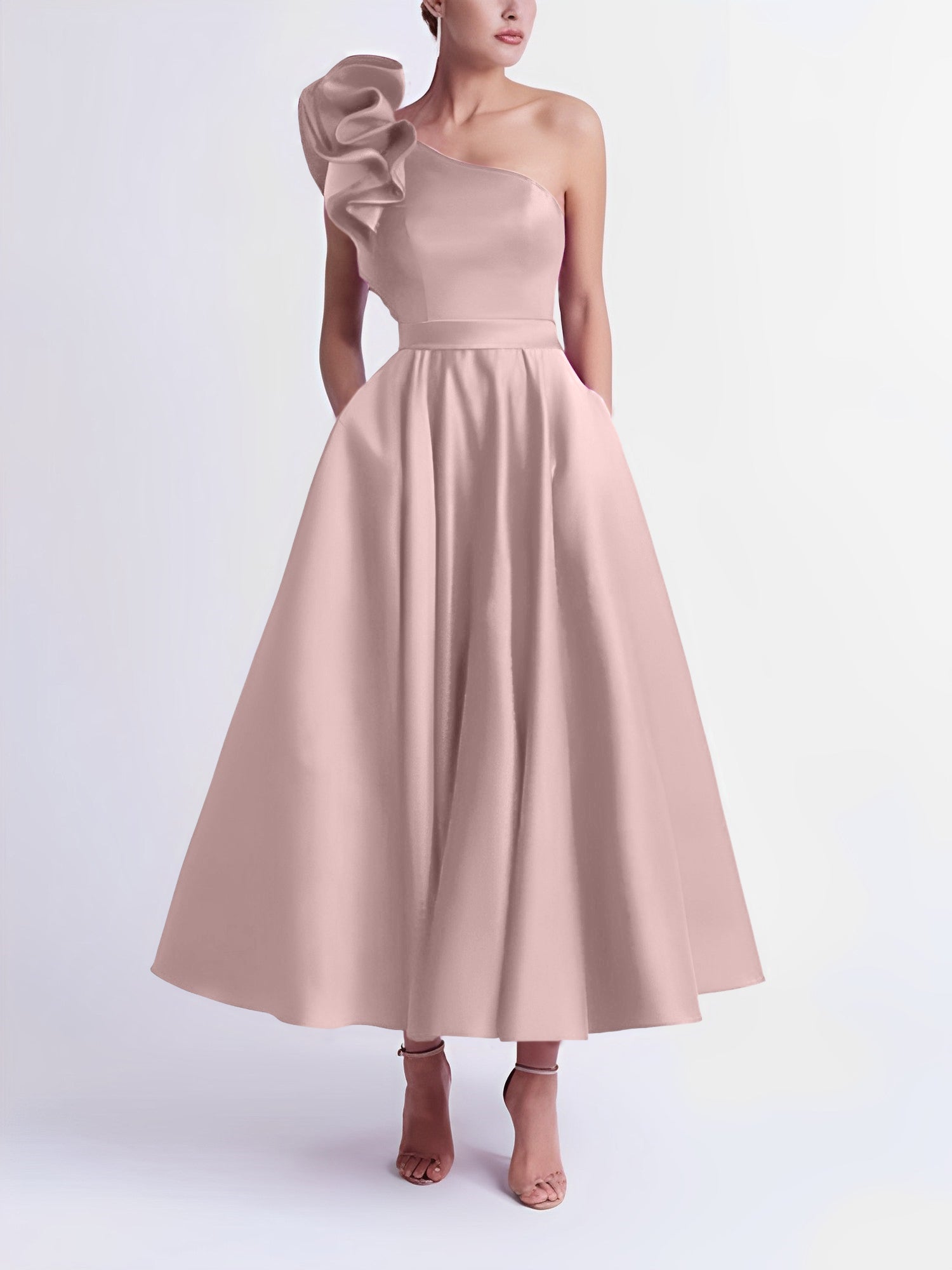 One-Shoulder A-Line Princess Prom Dress in Tea-Length
