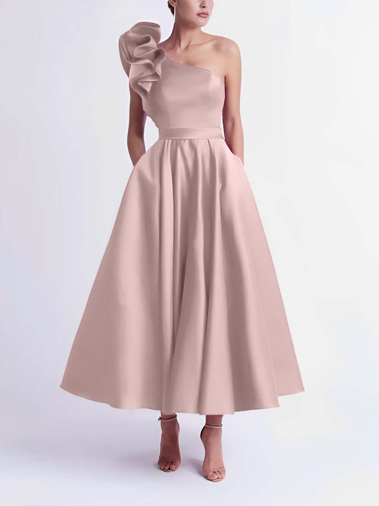 One-Shoulder A-Line Princess Prom Dress in Tea-Length