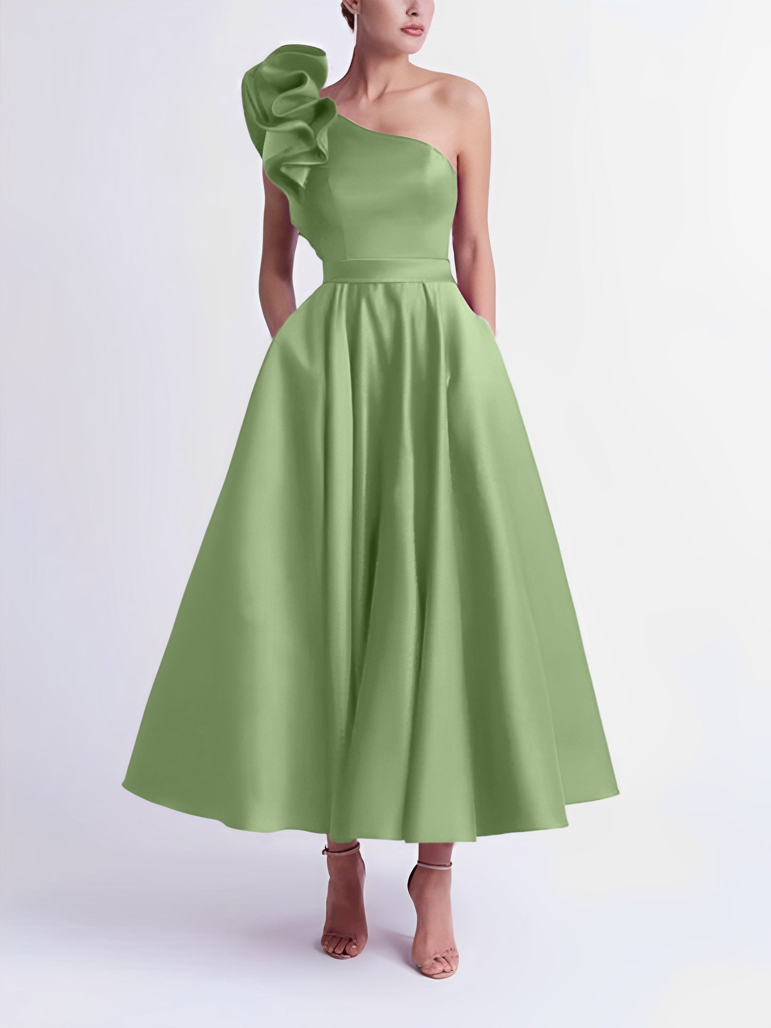 One-Shoulder A-Line Princess Prom Dress in Tea-Length