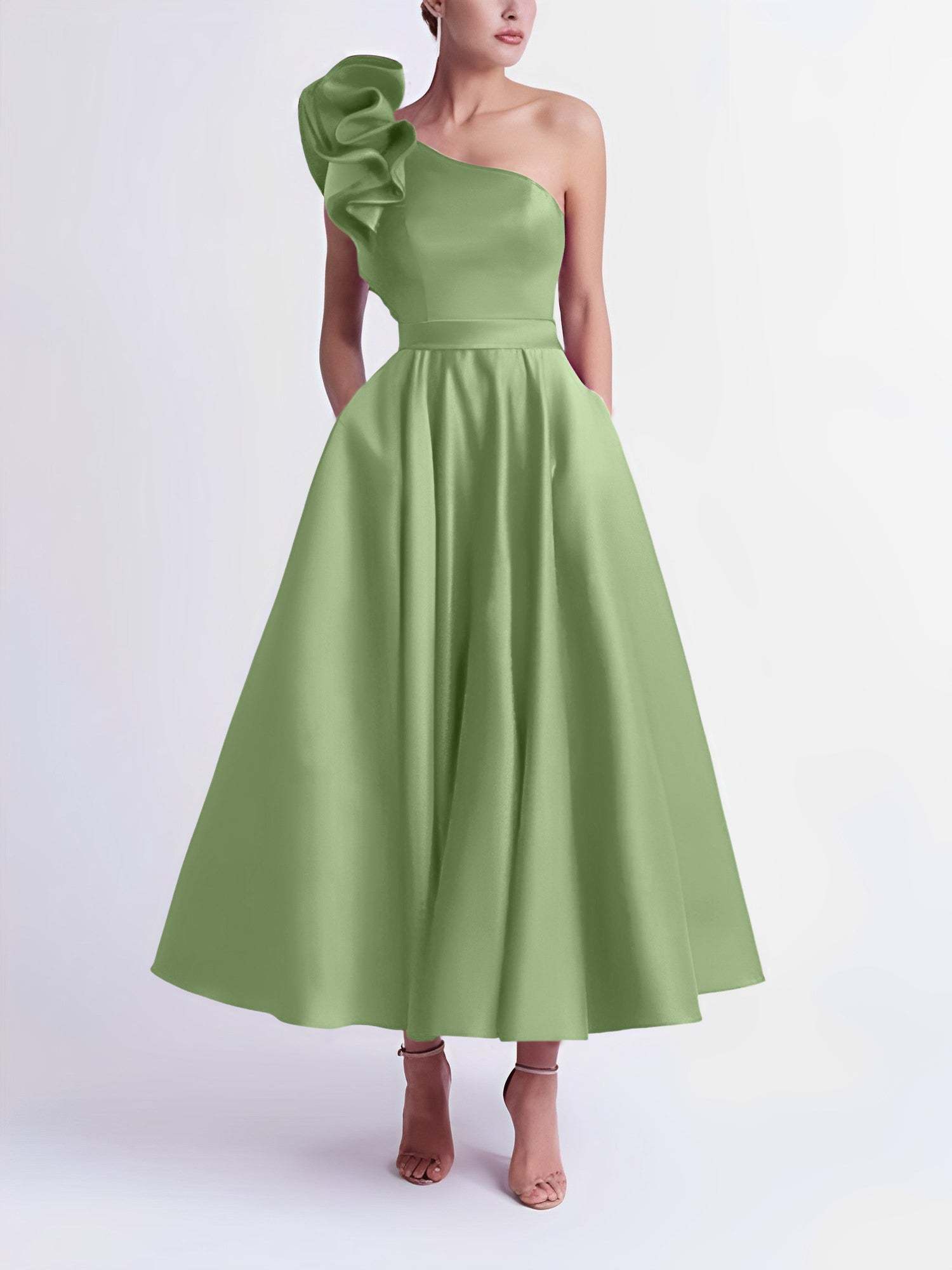 One-Shoulder A-Line Princess Prom Dress in Tea-Length