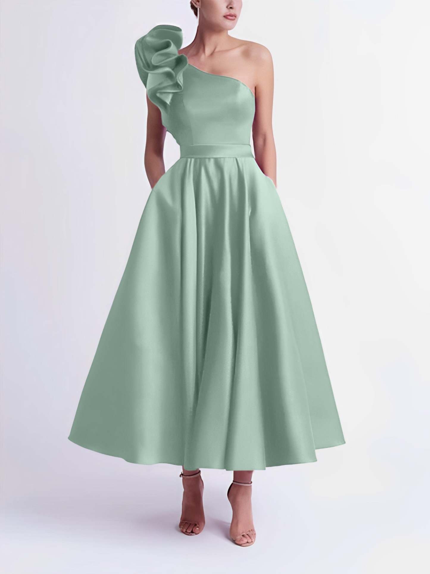One-Shoulder A-Line Princess Prom Dress in Tea-Length