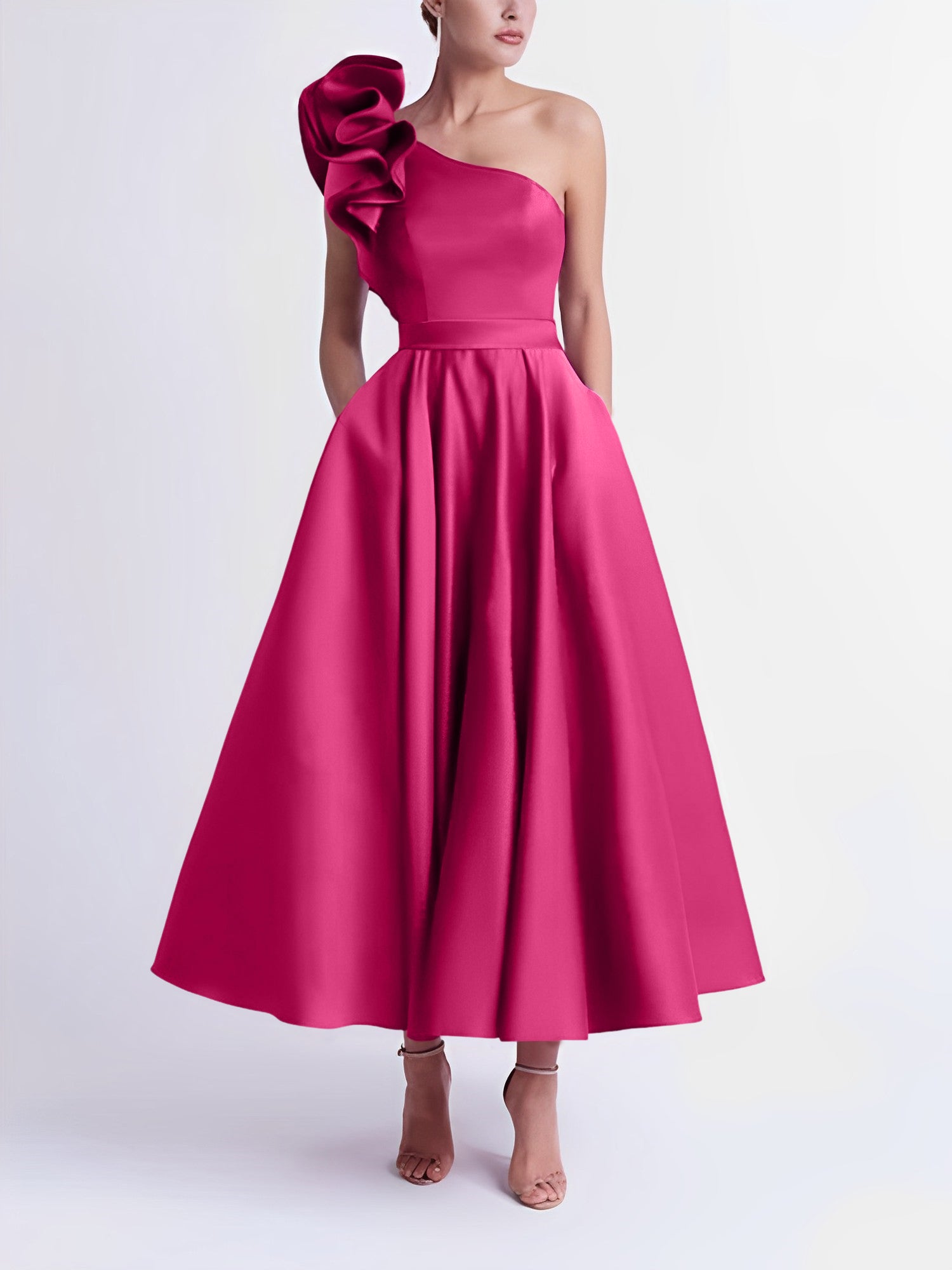 One-Shoulder A-Line Princess Prom Dress in Tea-Length