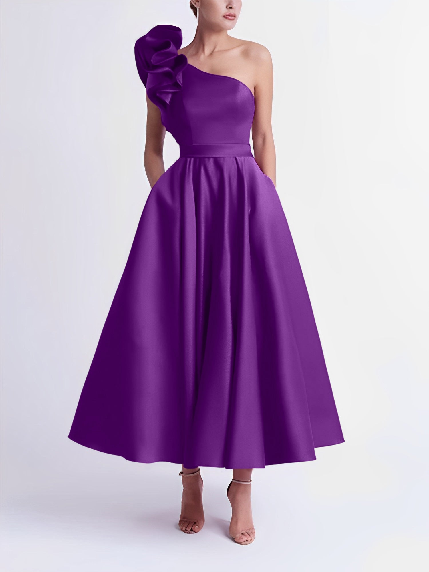 One-Shoulder A-Line Princess Prom Dress in Tea-Length