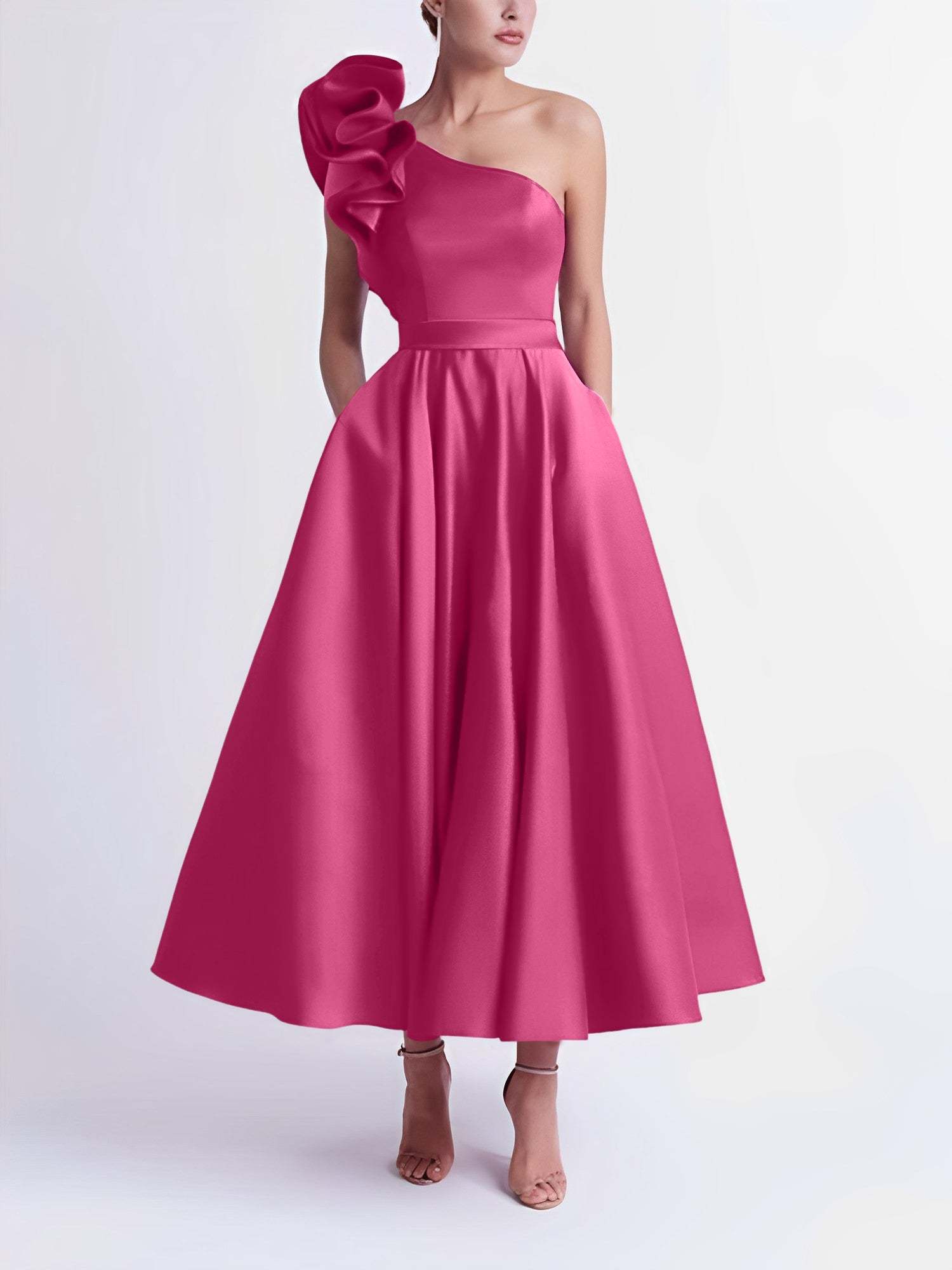 One-Shoulder A-Line Princess Prom Dress in Tea-Length