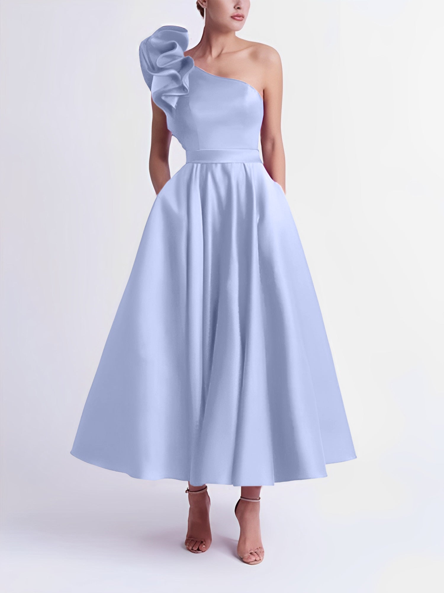 One-Shoulder A-Line Princess Prom Dress in Tea-Length