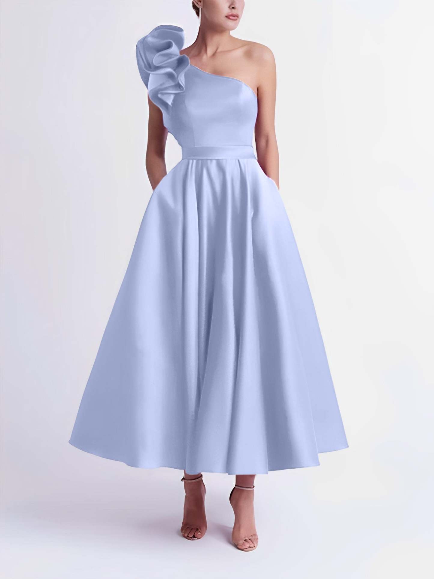 One-Shoulder A-Line Princess Prom Dress in Tea-Length