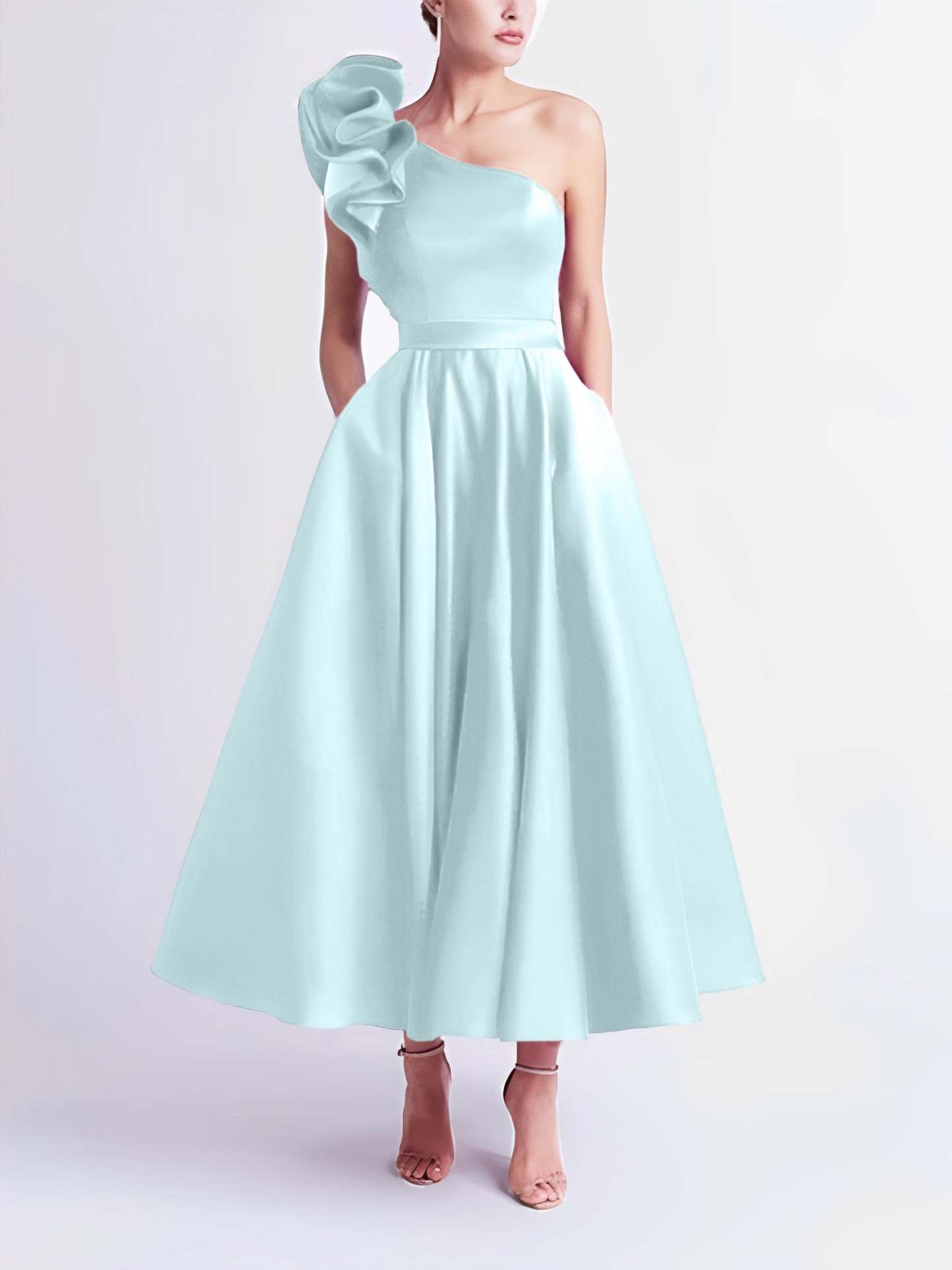 One-Shoulder A-Line Princess Prom Dress in Tea-Length