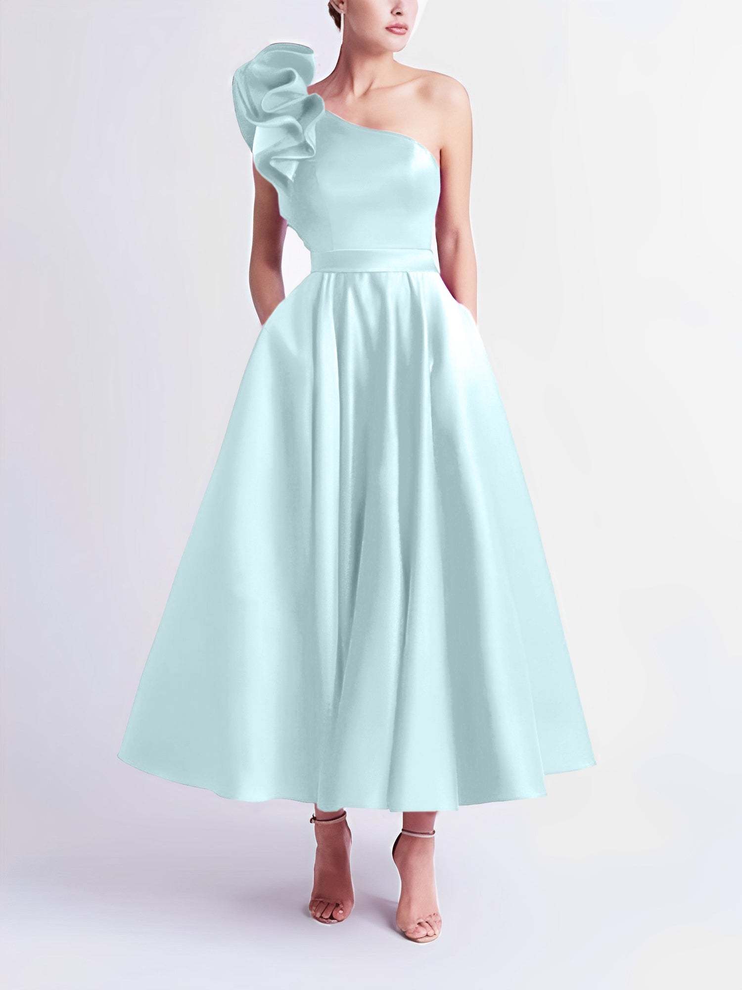 One-Shoulder A-Line Princess Prom Dress in Tea-Length