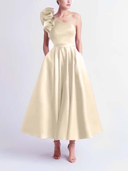 One-Shoulder A-Line Princess Prom Dress in Tea-Length