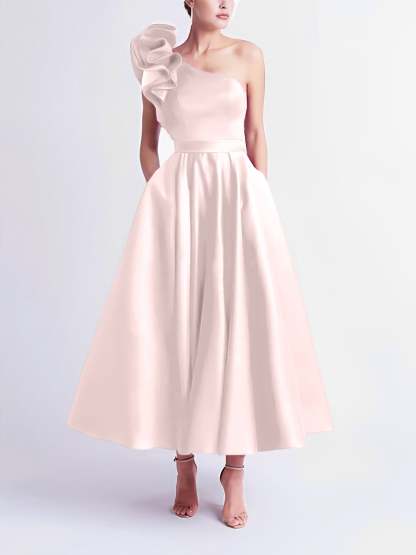 One-Shoulder A-Line Princess Prom Dress in Tea-Length