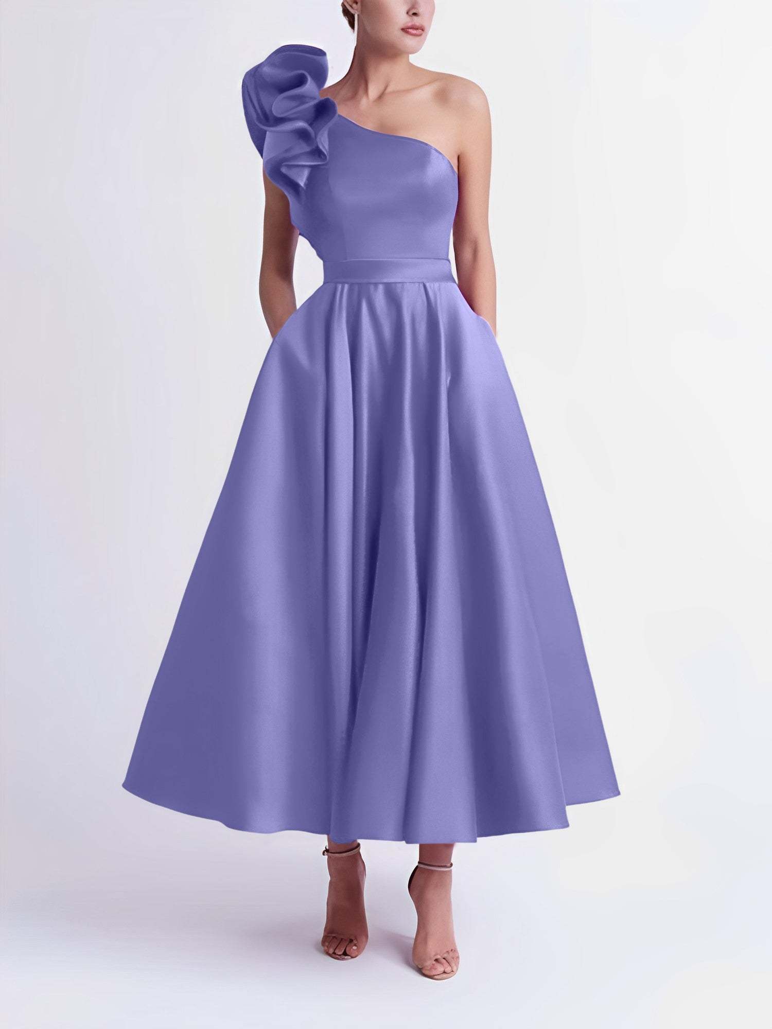 One-Shoulder A-Line Princess Prom Dress in Tea-Length