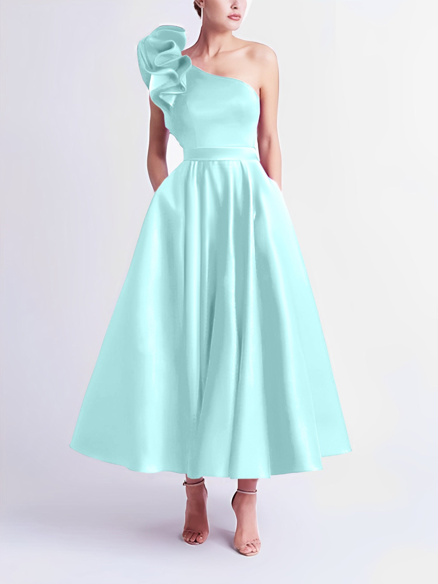 One-Shoulder A-Line Princess Prom Dress in Tea-Length