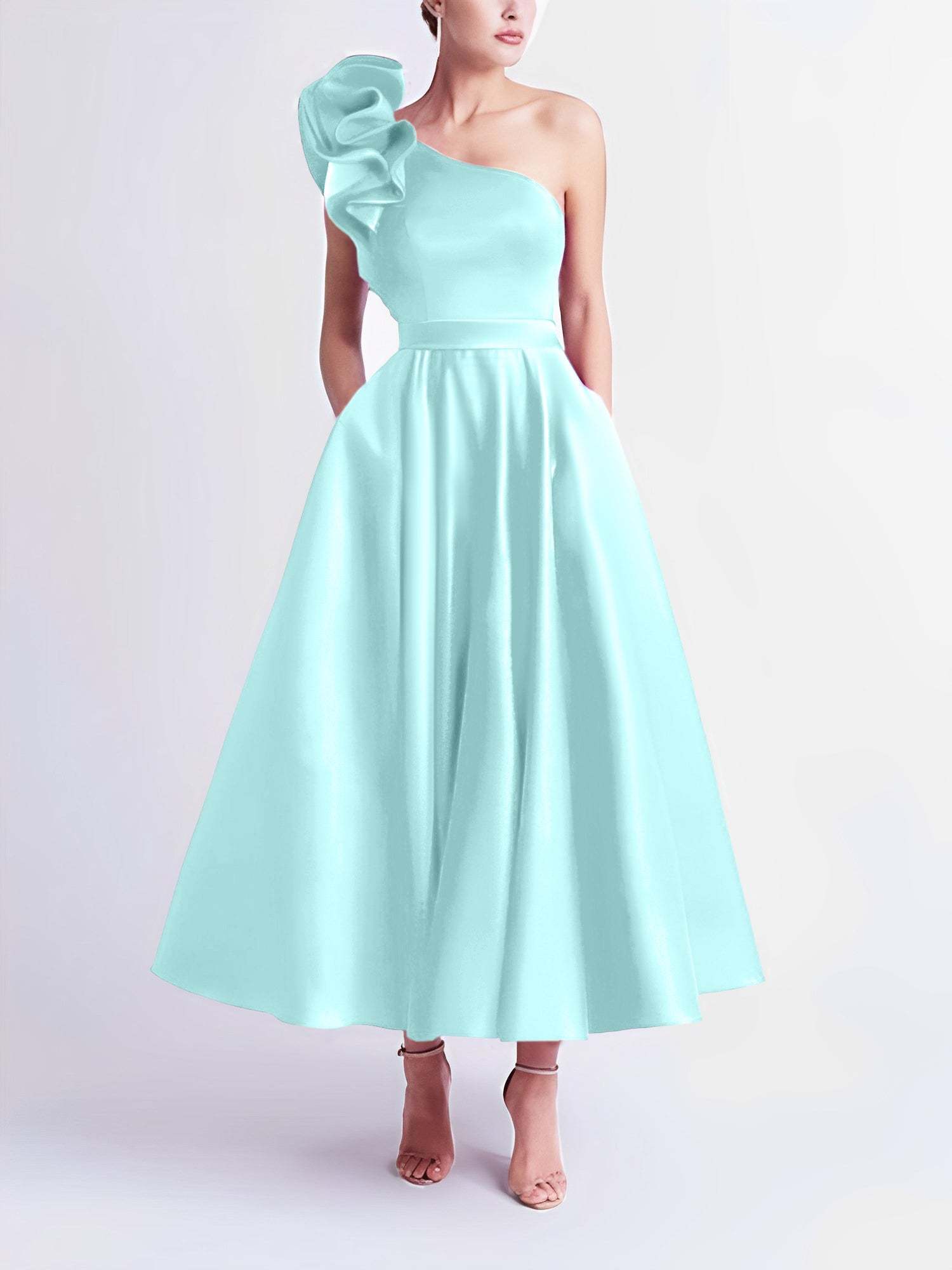 One-Shoulder A-Line Princess Prom Dress in Tea-Length