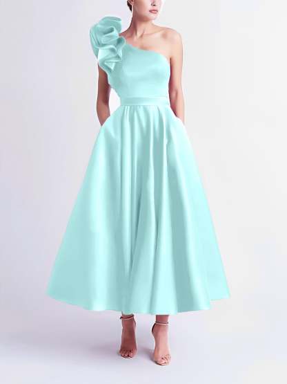 One-Shoulder A-Line Princess Prom Dress in Tea-Length