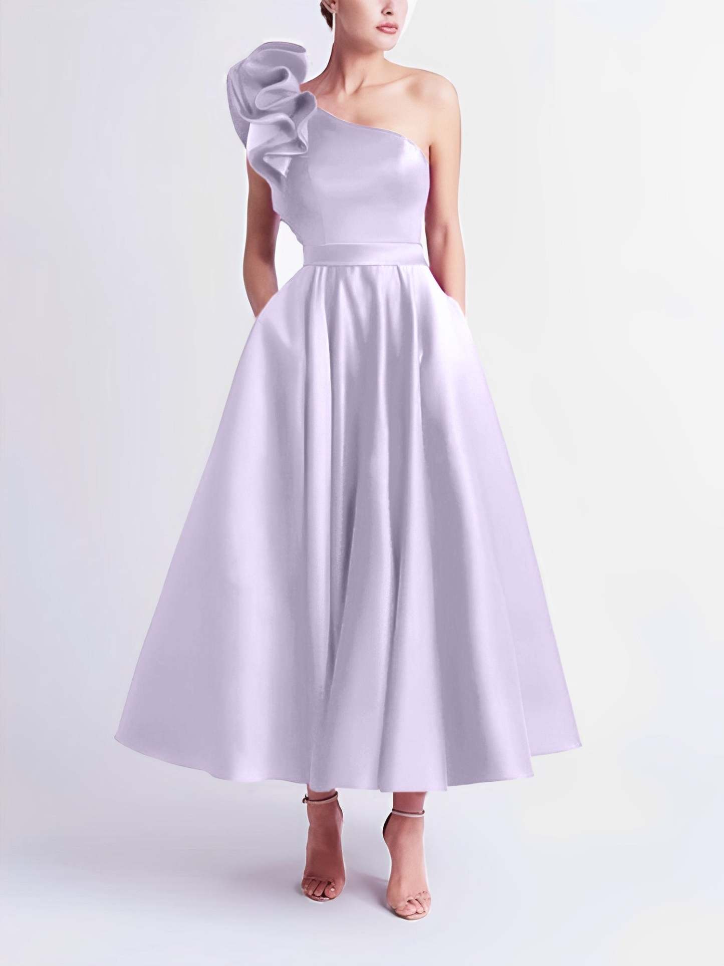 One-Shoulder A-Line Princess Prom Dress in Tea-Length