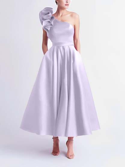 One-Shoulder A-Line Princess Prom Dress in Tea-Length