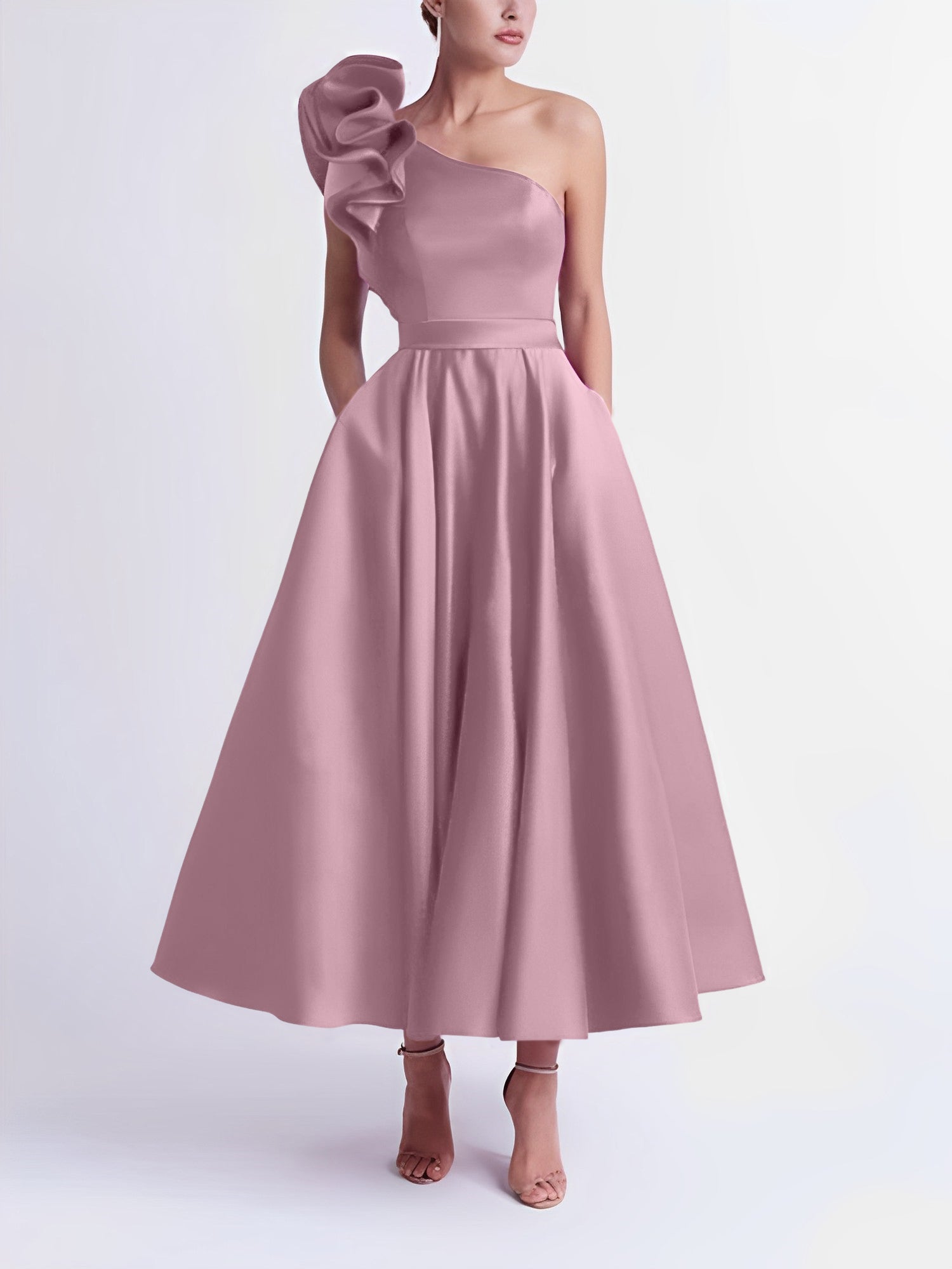 One-Shoulder A-Line Princess Prom Dress in Tea-Length