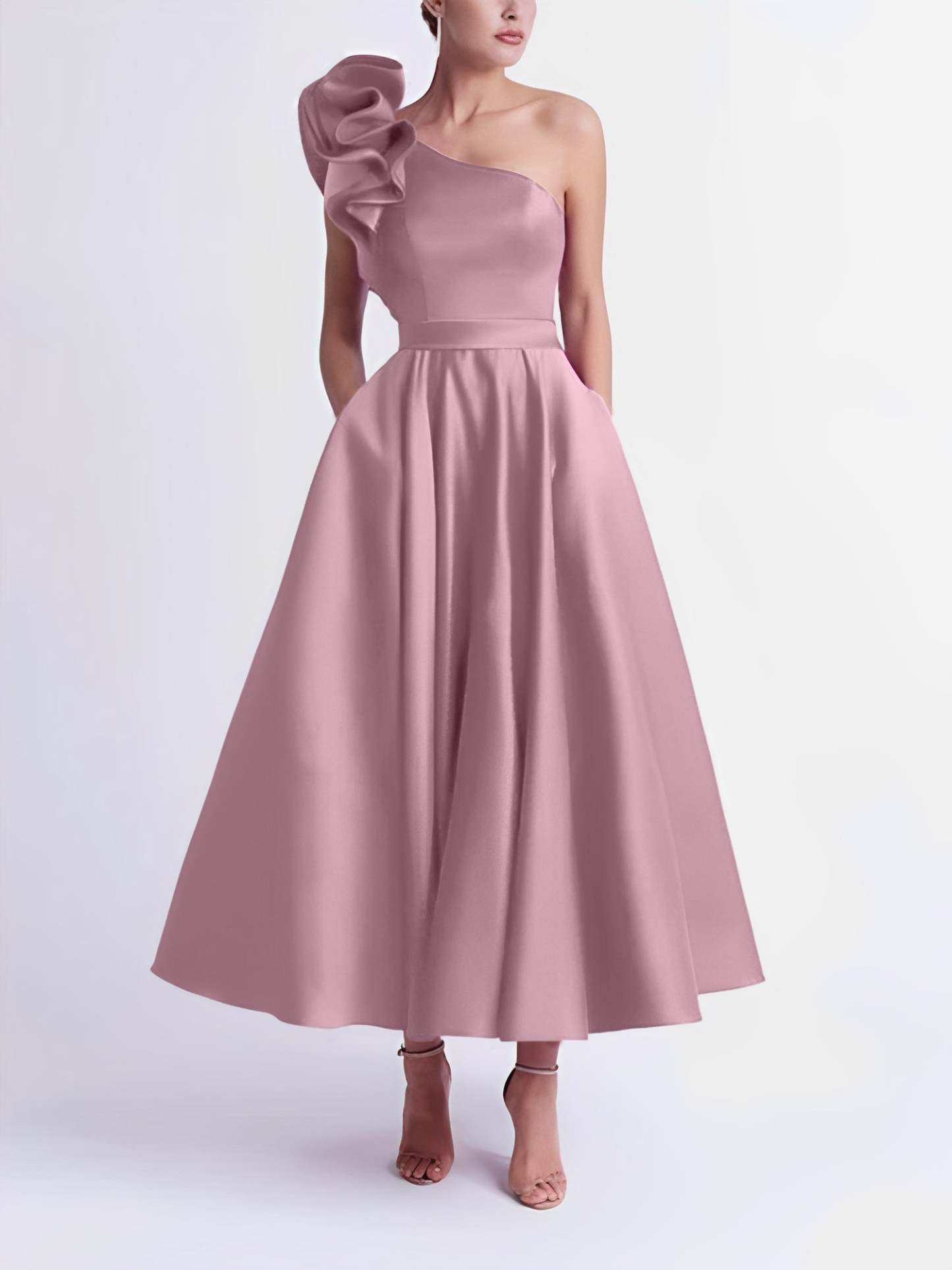 One-Shoulder A-Line Princess Prom Dress in Tea-Length