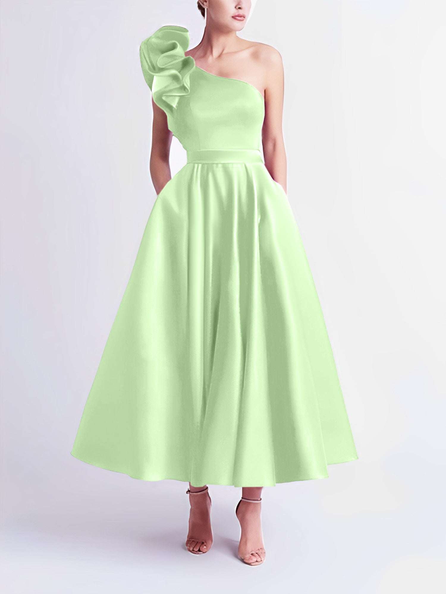 One-Shoulder A-Line Princess Prom Dress in Tea-Length