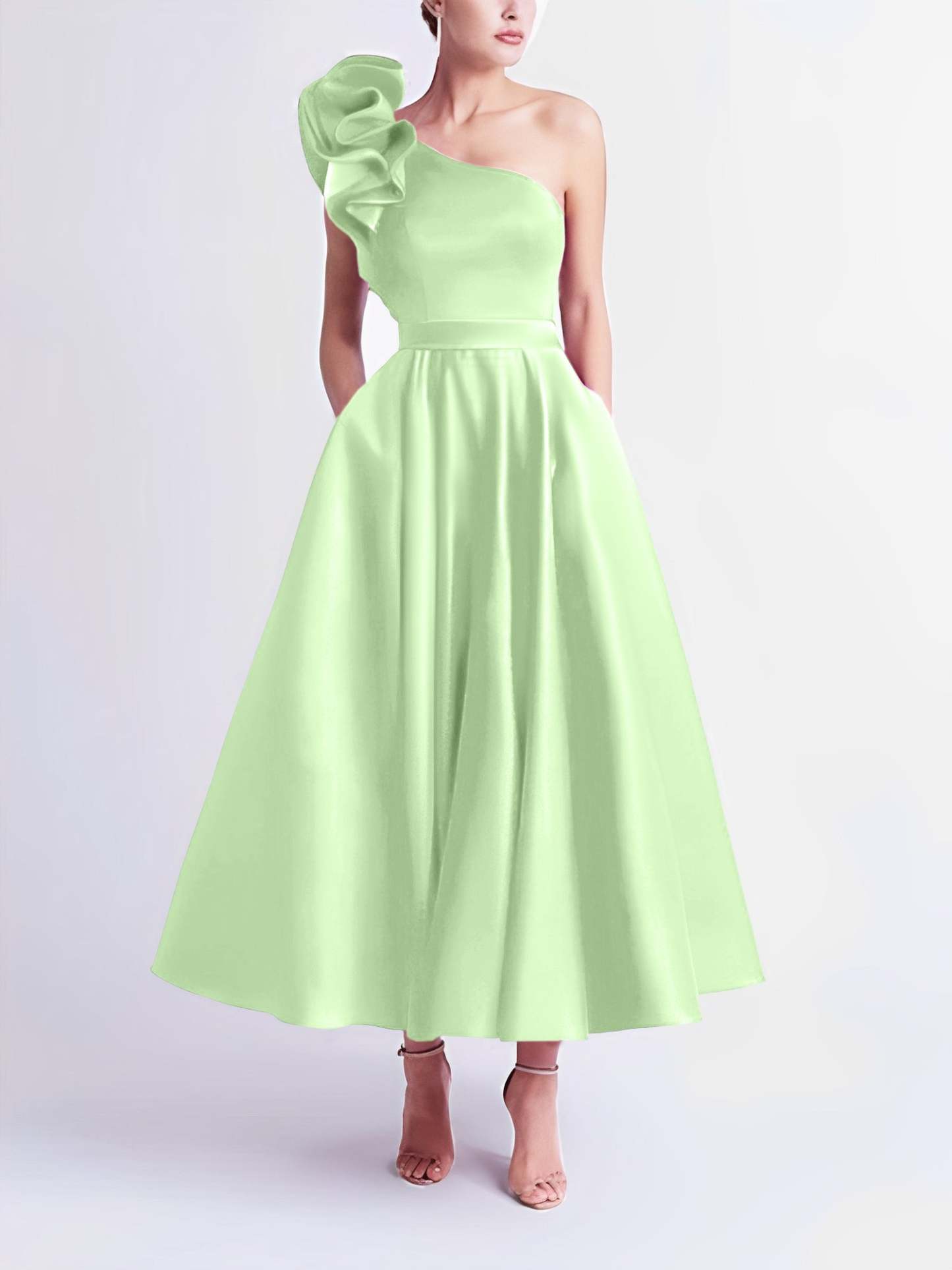 One-Shoulder A-Line Princess Prom Dress in Tea-Length