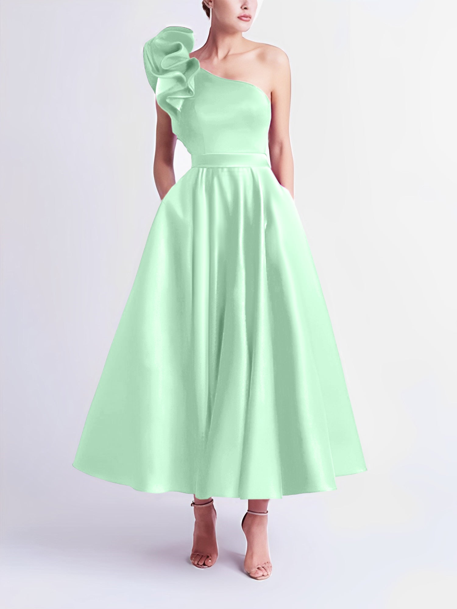 One-Shoulder A-Line Princess Prom Dress in Tea-Length