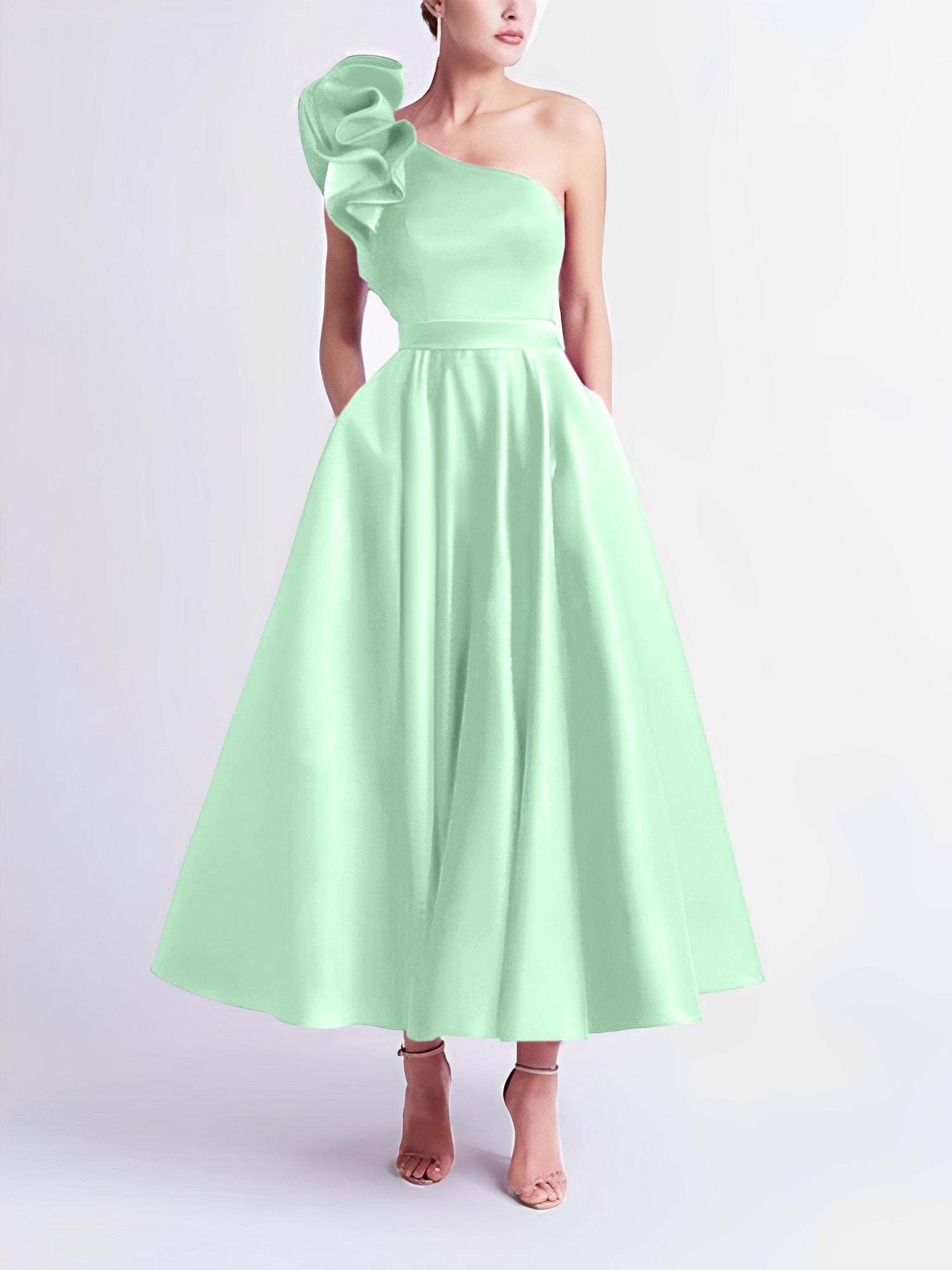 One-Shoulder A-Line Princess Prom Dress in Tea-Length