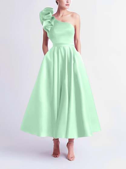 One-Shoulder A-Line Princess Prom Dress in Tea-Length