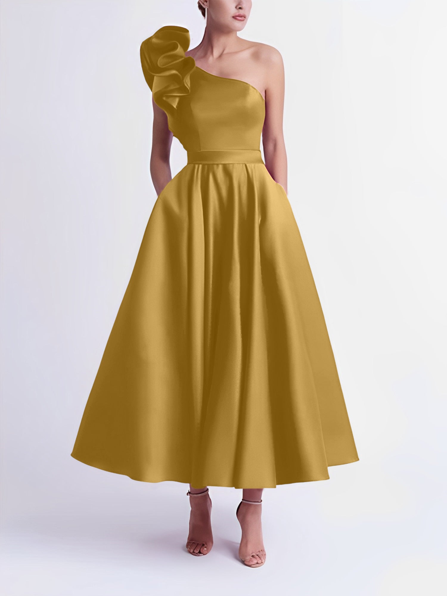 One-Shoulder A-Line Princess Prom Dress in Tea-Length