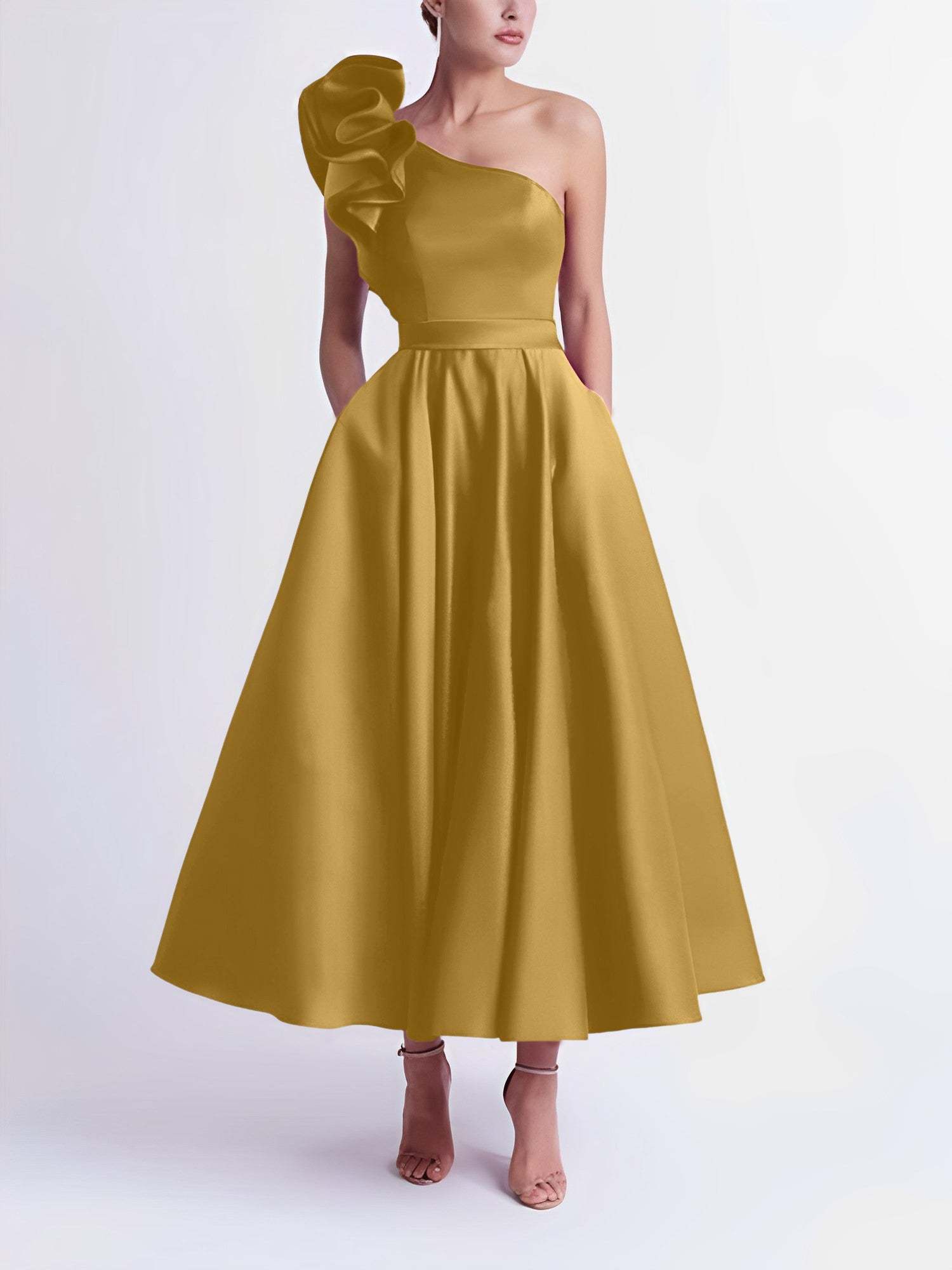 One-Shoulder A-Line Princess Prom Dress in Tea-Length
