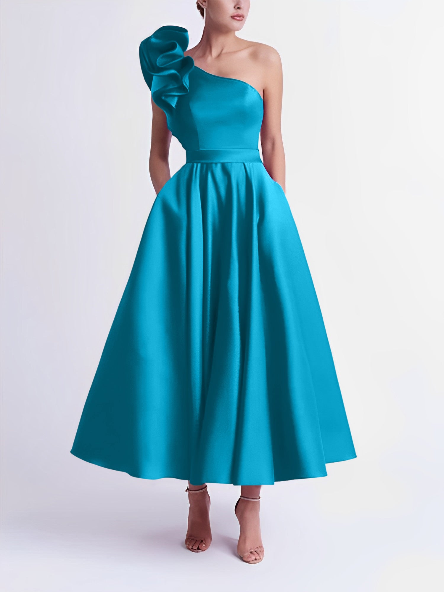 One-Shoulder A-Line Princess Prom Dress in Tea-Length