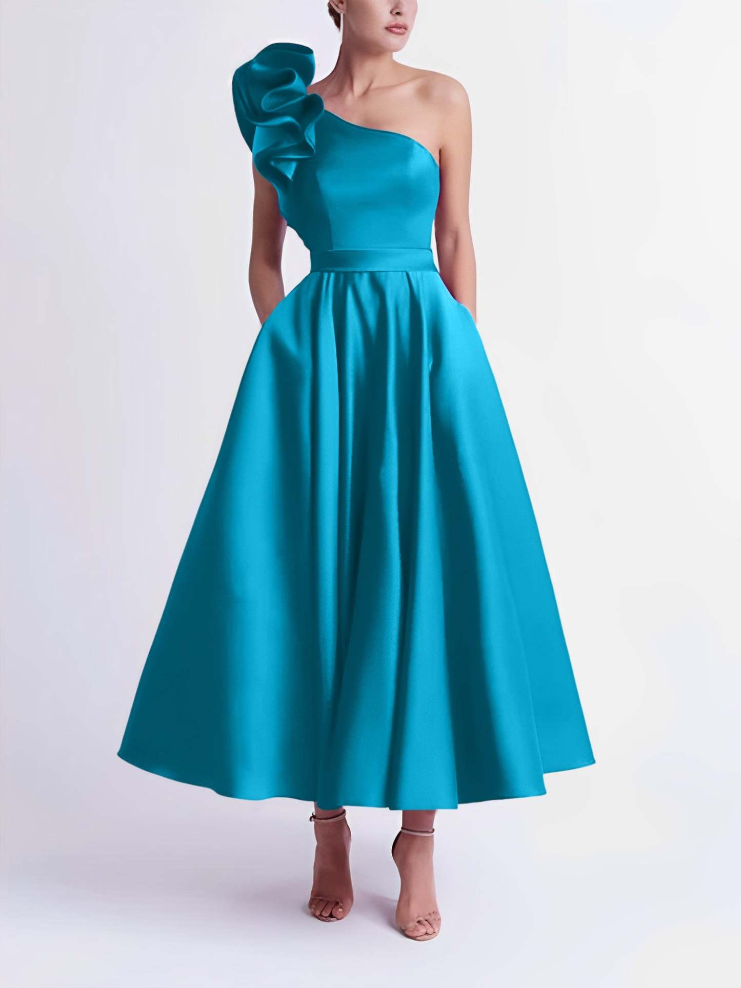 One-Shoulder A-Line Princess Prom Dress in Tea-Length