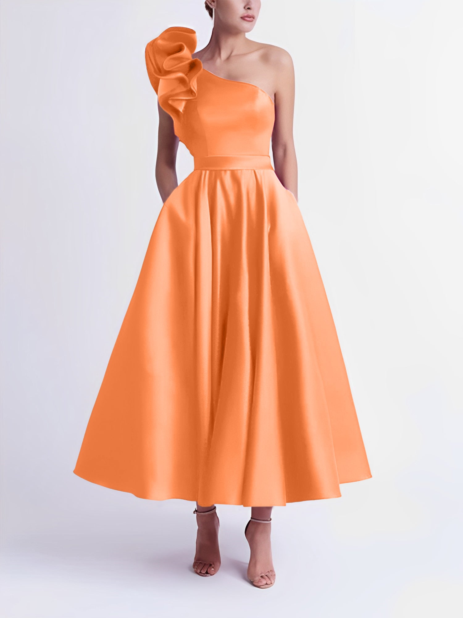 One-Shoulder A-Line Princess Prom Dress in Tea-Length