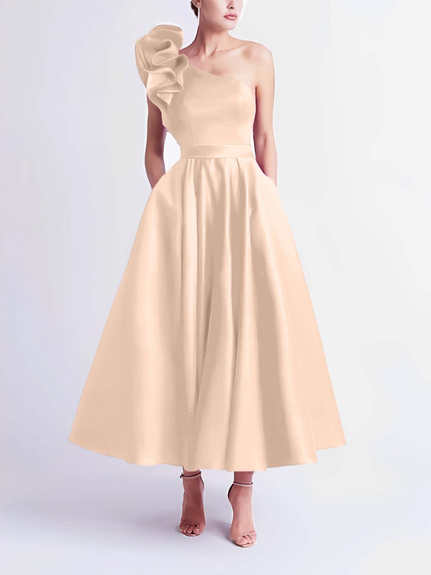 One-Shoulder A-Line Princess Prom Dress in Tea-Length