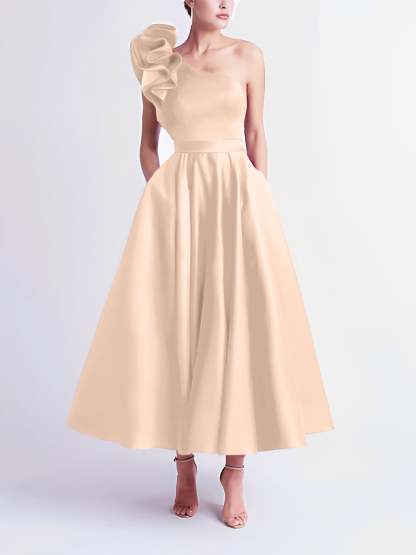 One-Shoulder A-Line Princess Prom Dress in Tea-Length