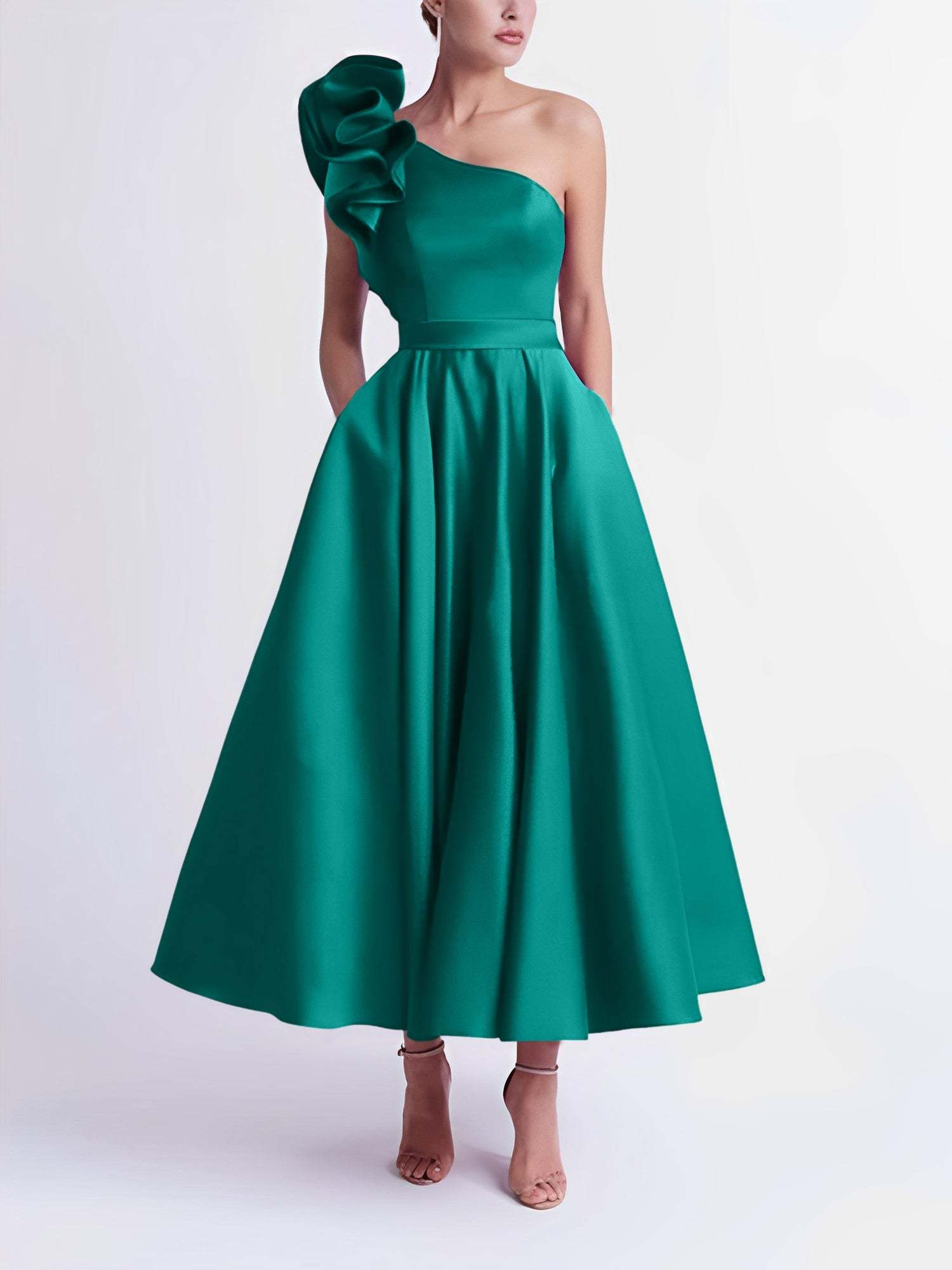 One-Shoulder A-Line Princess Prom Dress in Tea-Length