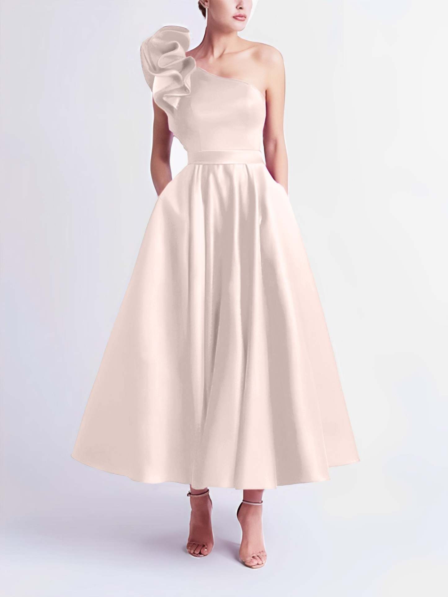 One-Shoulder A-Line Princess Prom Dress in Tea-Length