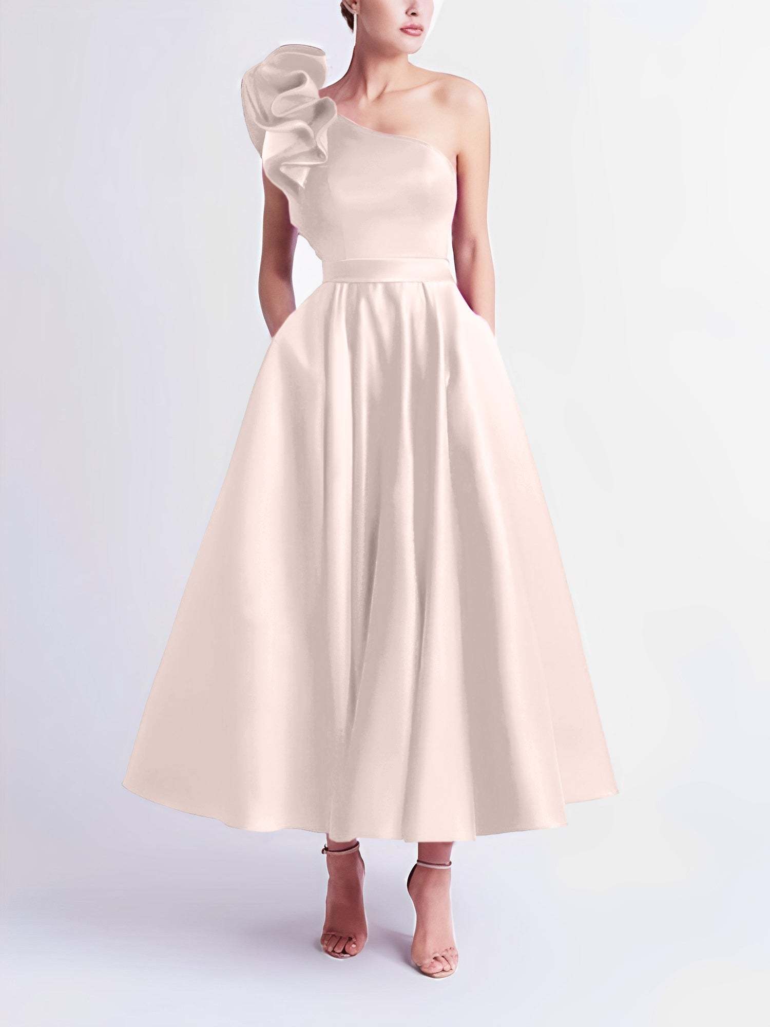 One-Shoulder A-Line Princess Prom Dress in Tea-Length