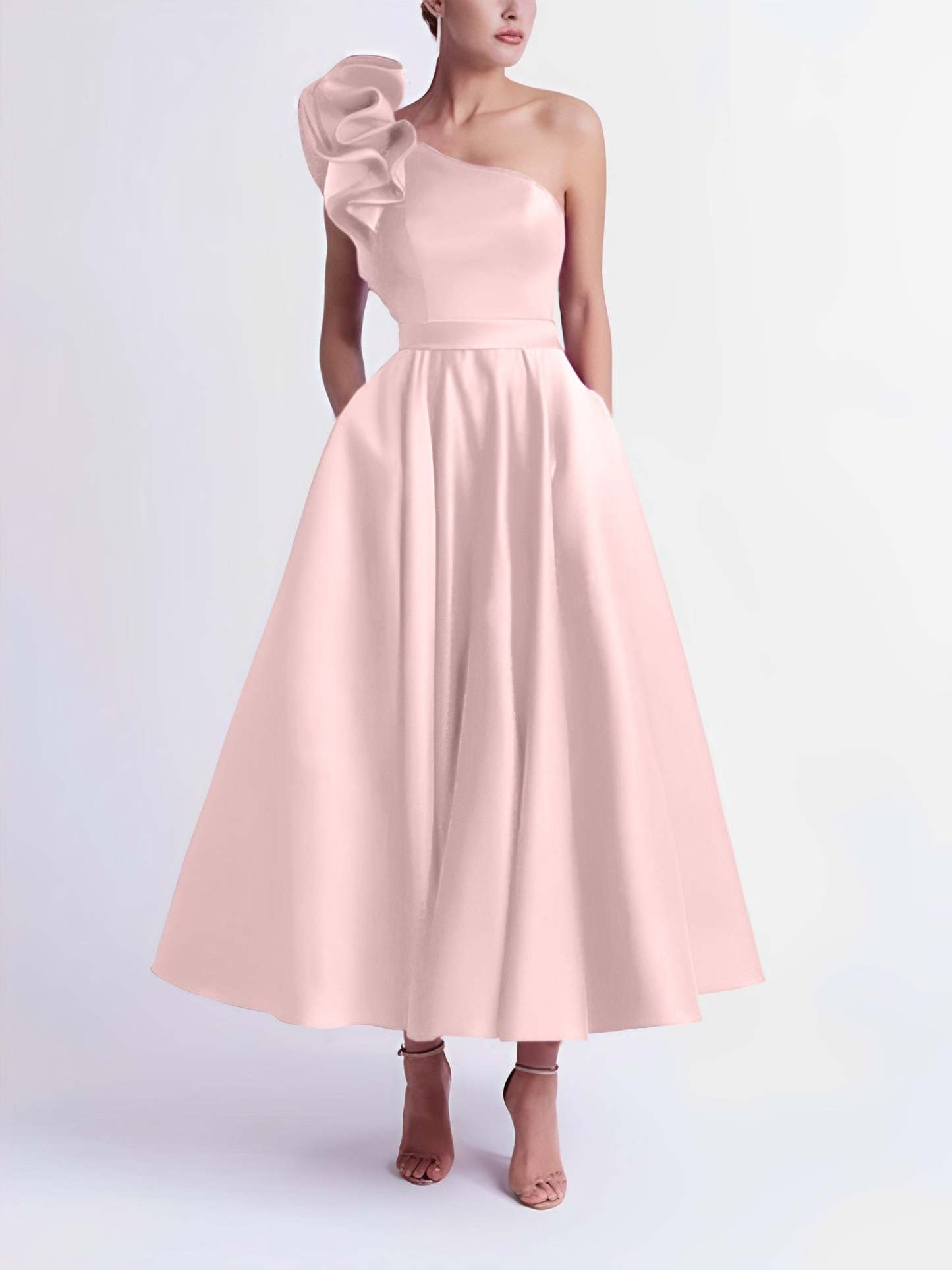 One-Shoulder A-Line Princess Prom Dress in Tea-Length
