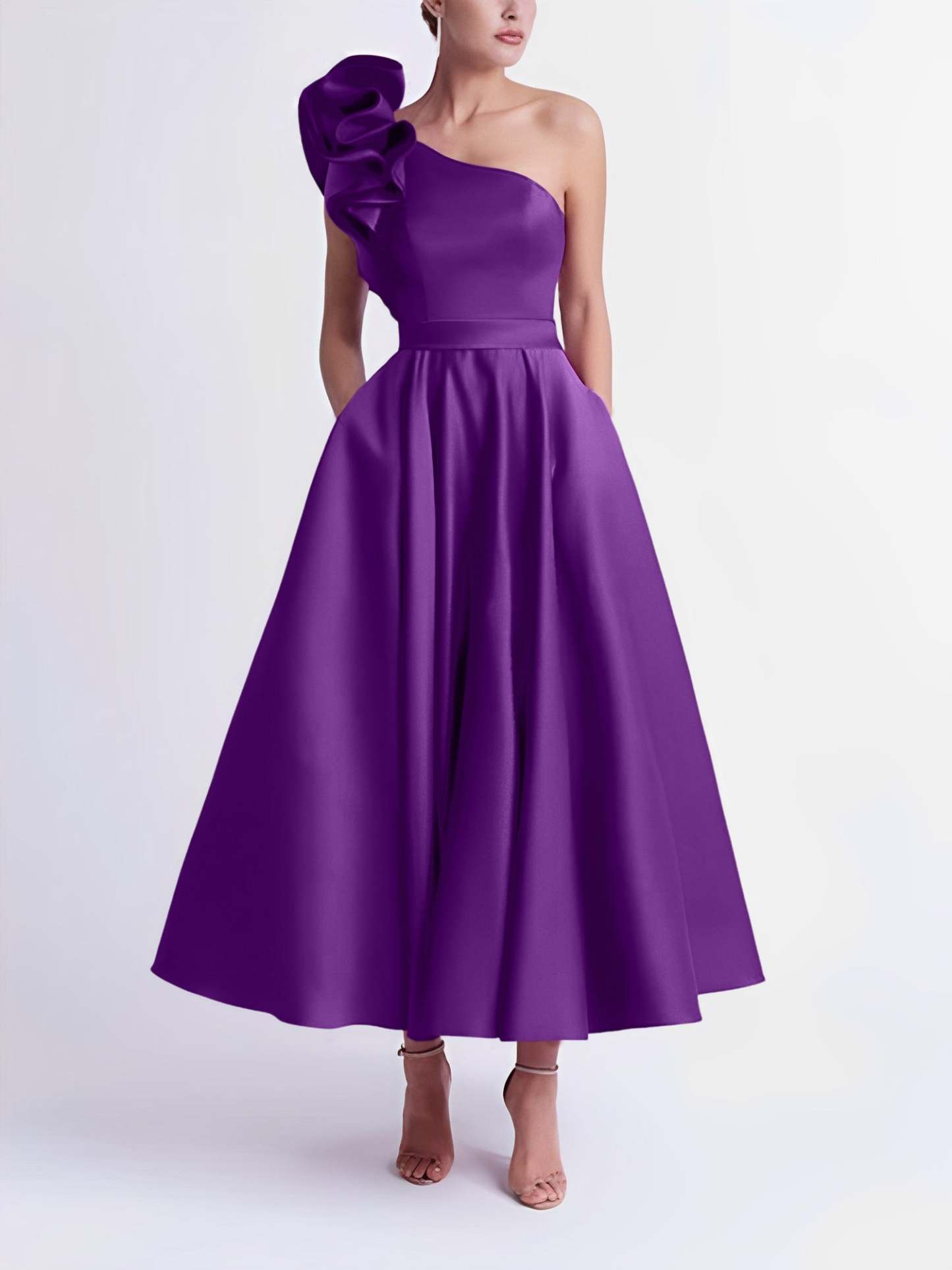 One-Shoulder A-Line Princess Prom Dress in Tea-Length