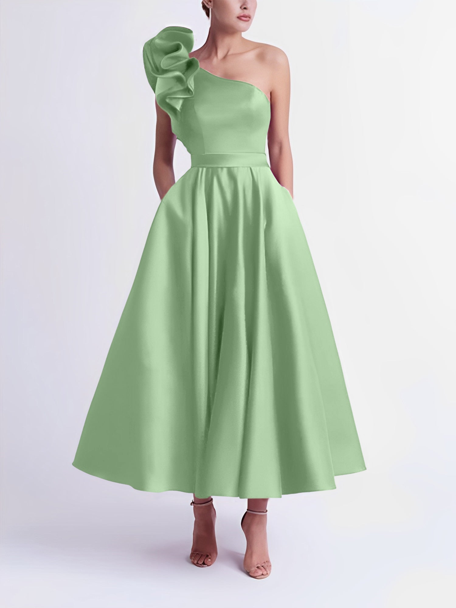 One-Shoulder A-Line Princess Prom Dress in Tea-Length