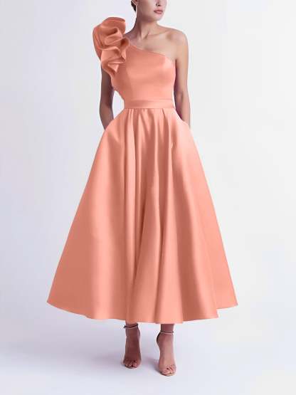 One-Shoulder A-Line Princess Prom Dress in Tea-Length
